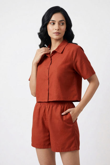 Zivame Mock Linen Woven Loungewear Set - Burnt Brick — image 2